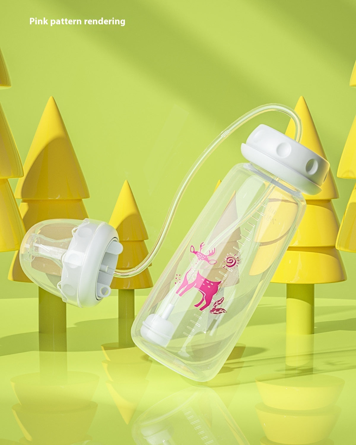 Clear water bottle with pink pattern and white cap on a green background with yellow geometric shapes.