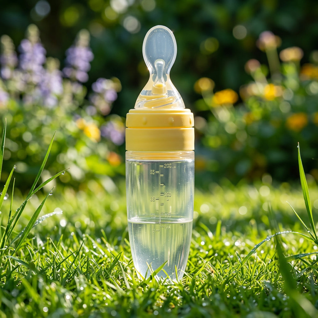 Clear baby bottle with yellow cap on a white background