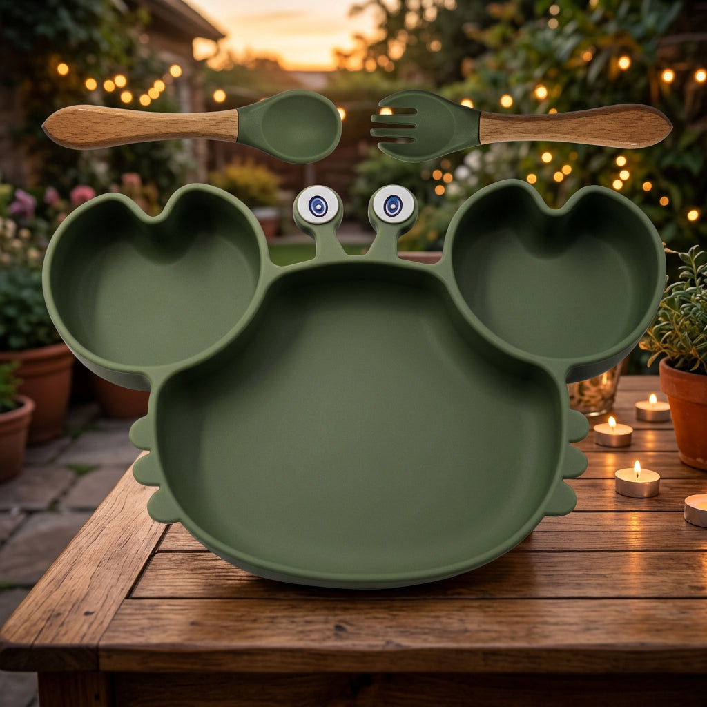 Children's dinner set with plate, spoon, and fork in army green color on a white background.