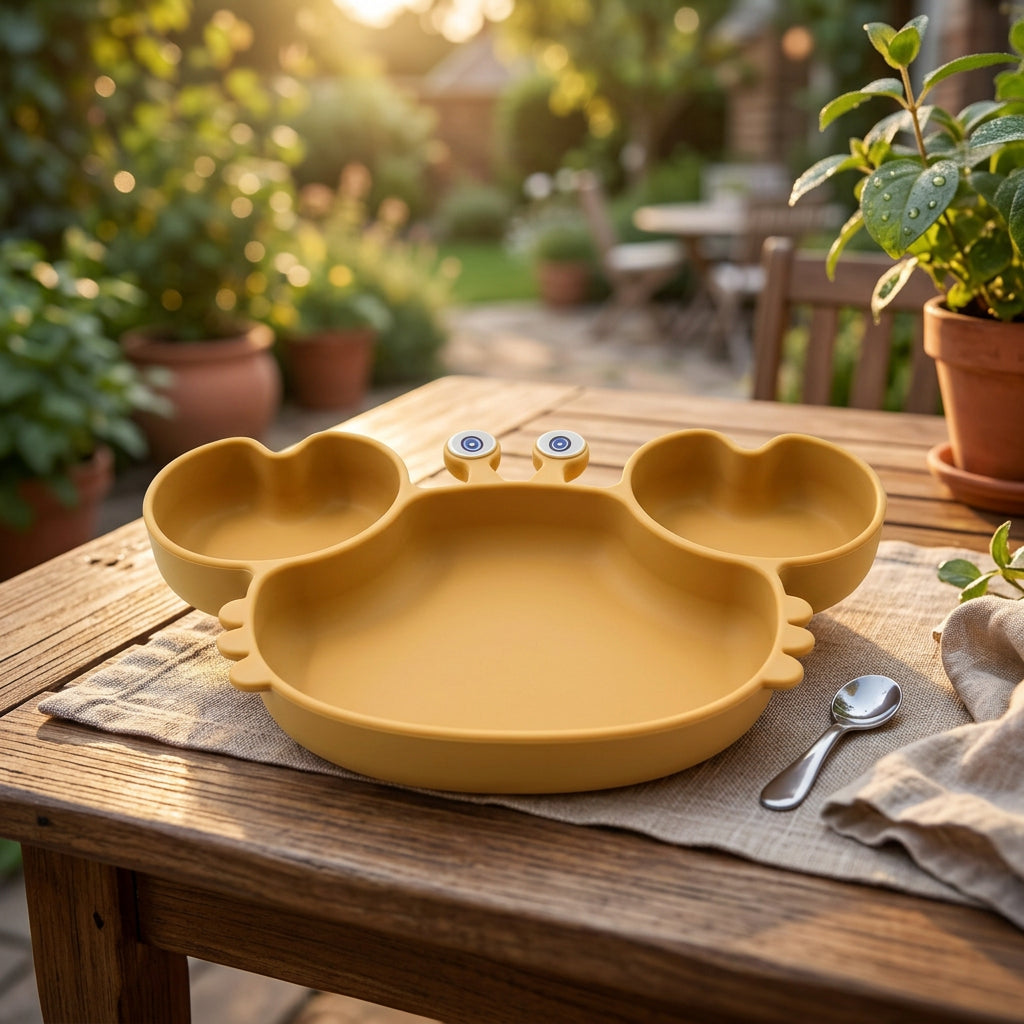 Yellow children's plate shaped like a cartoon character with 'Turmeric' label