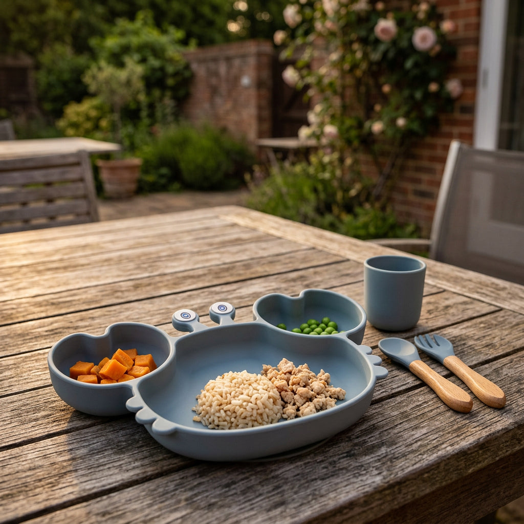 A gray children's divided meal plate with heart-shaped bowls, shown on a wooden outdoor table with food and matching gray utensils in a garden setting.
