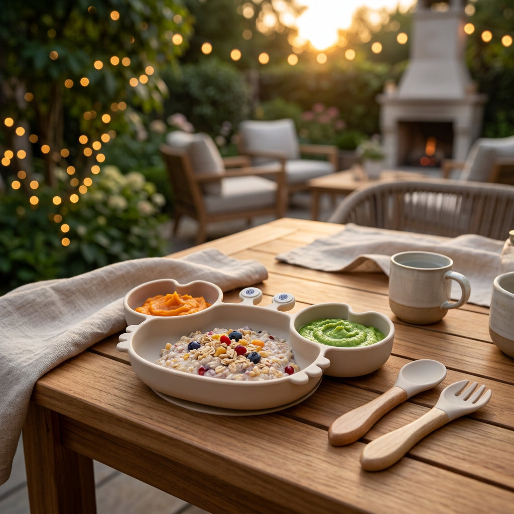Outdoor dining table set with a beige ceramic children's meal tray holding cereal and two bowls of puree, alongside wooden utensils, a mug, and a folded napkin in a softly lit garden patio setting.