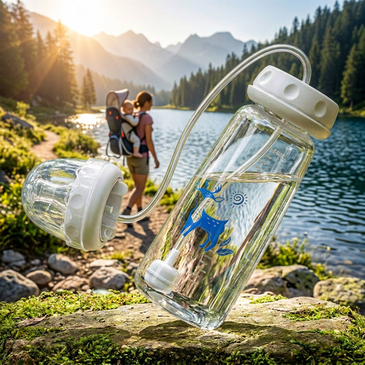 A clear plastic water bottle with a transparent straw and white cap, decorated with a blue reindeer graphic, shown alongside a detached clear cap on a bright yellow-green reflective surface with yellow cone-shaped props.