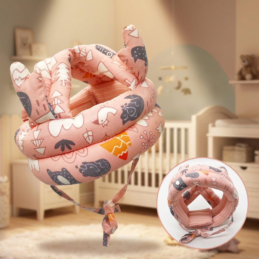 Pink safety blanket with cartoon designs on a pink background