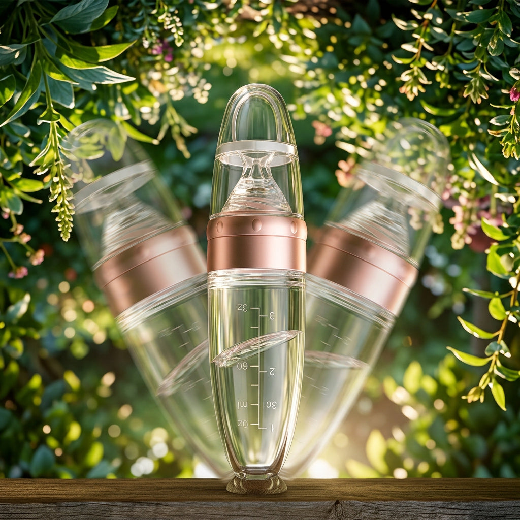 Clear and rose gold wine decanter on a light pink background