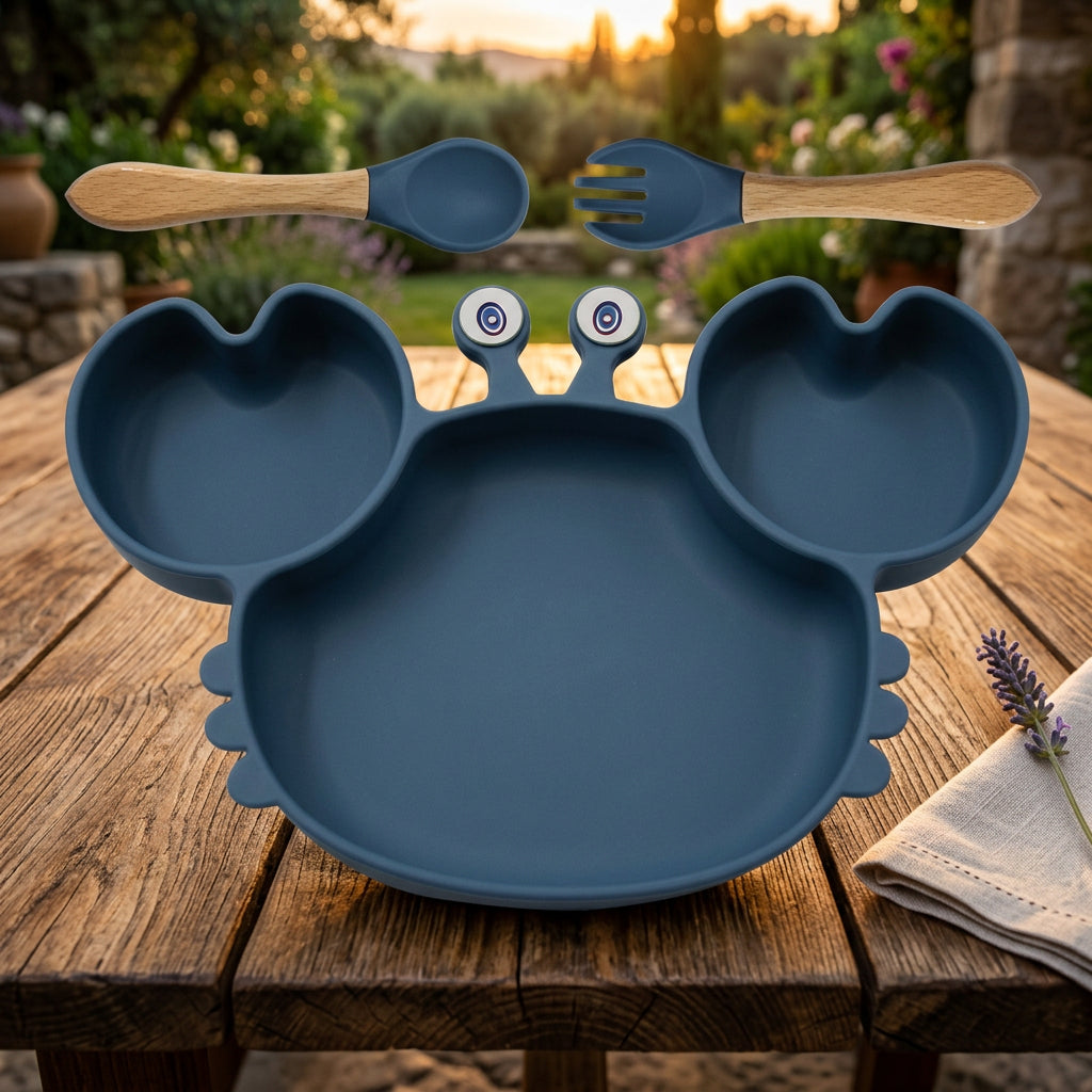 Dark blue children's plate with divided sections, spoon, and fork on a white background.