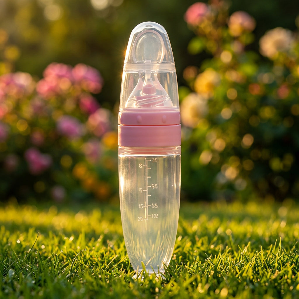 A clear plastic baby bottle with a pink collar and a pink nipple, shown against a plain white background.
