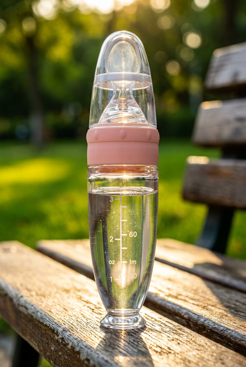 Bottle with measurement markings and dimensions on a white background