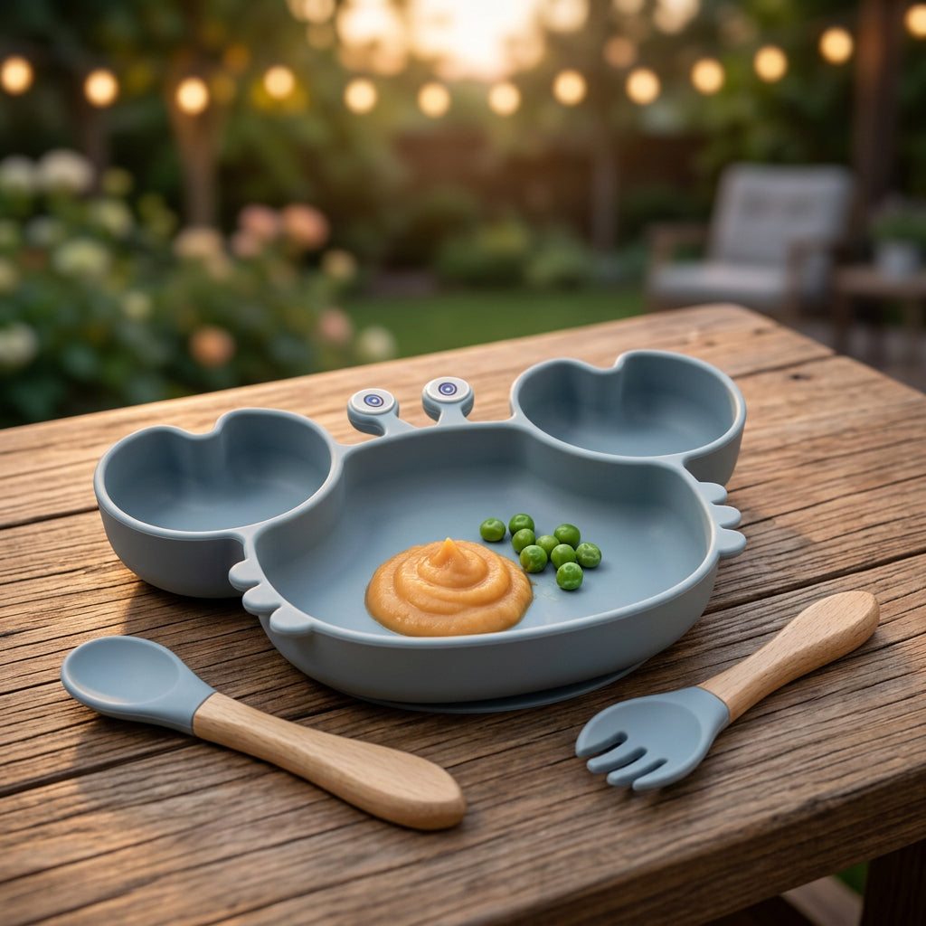 Children's dining set with plate, spoon, and fork on a white background