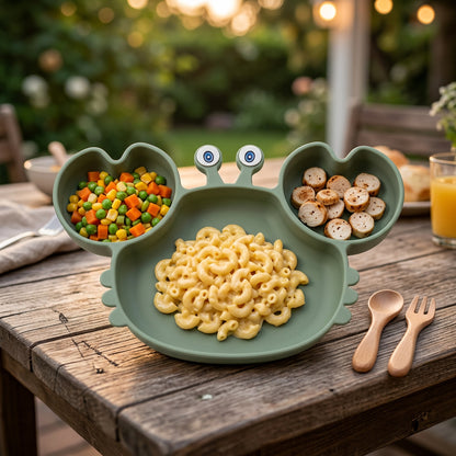 A green caterpillar-shaped baby feeding plate with three compartments, styled on a rustic wooden table with macaroni pasta, mixed vegetables, crackers, and wooden utensils, set against a blurred outdoor garden background.