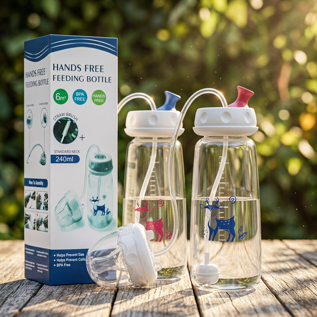 Hands-free feeding bottle with packaging on a light blue background