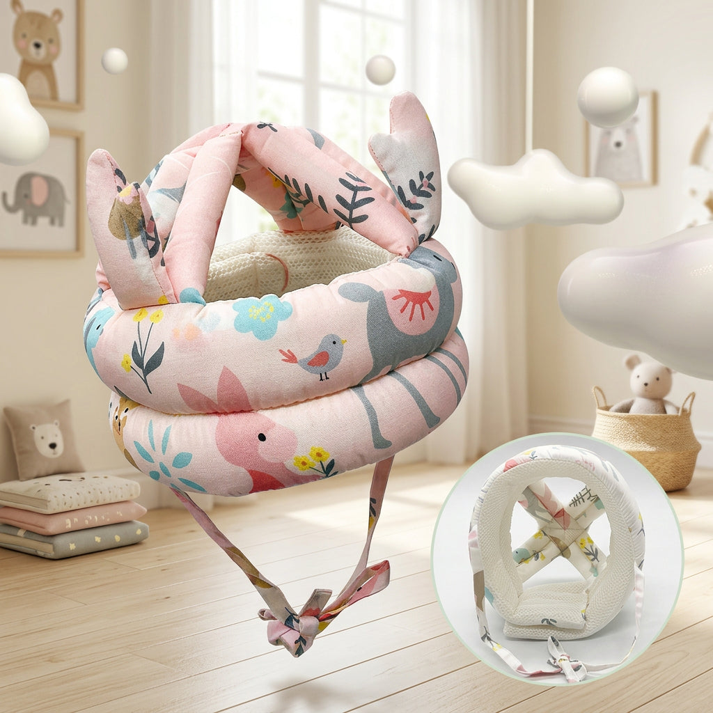 Baby crib bumper with cartoon designs on a neutral background
