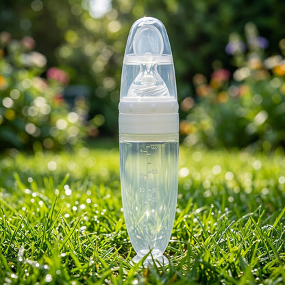 A clear plastic baby bottle with a white collar and a light blue accent band, shown against a plain white background.
