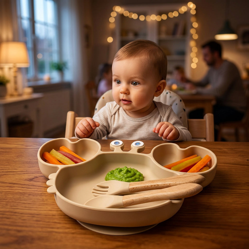 A beige silicone baby plate shaped like a cartoon character's face, featuring two heart-shaped bowls, two small round eye details, and a suction base, shown with a wooden spoon and fork on a matching beige background.