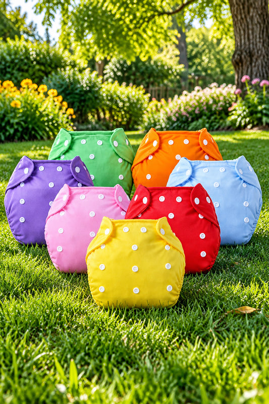 Set of colorful baby diapers with polka dot patterns on a white background