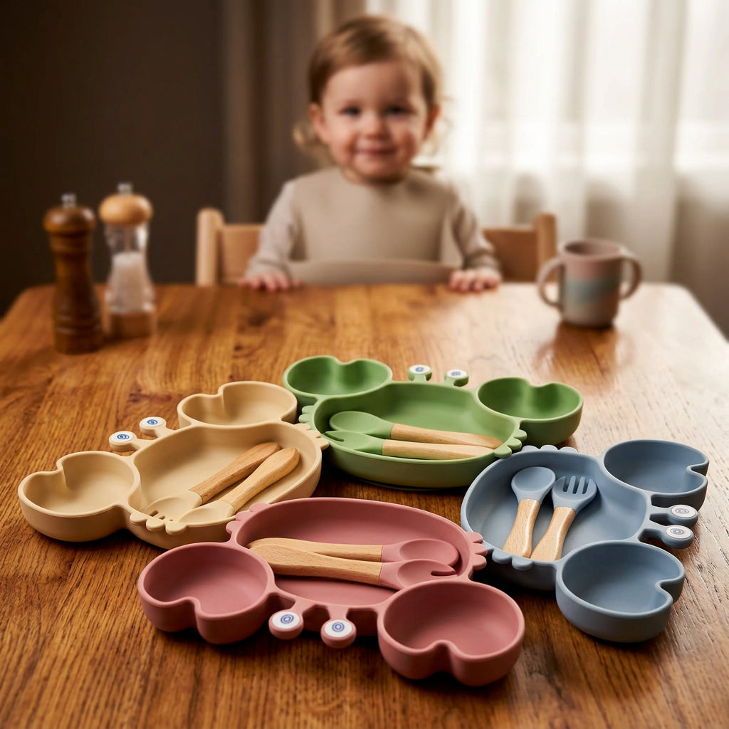 Four silicone baby plateaus shaped like animals, arranged in a flat-lay on a solid pastel yellow background. The plateaus are in beige, green, pink, and blue, each containing a matching wooden spoon and fork set with small blue-and-white decorative stickers.