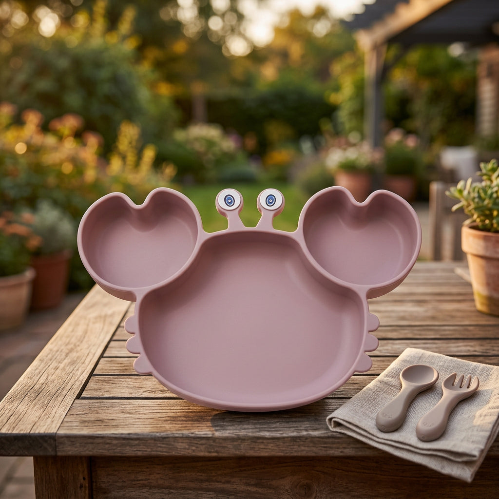 Pink children's plate shaped like a crab on a white background