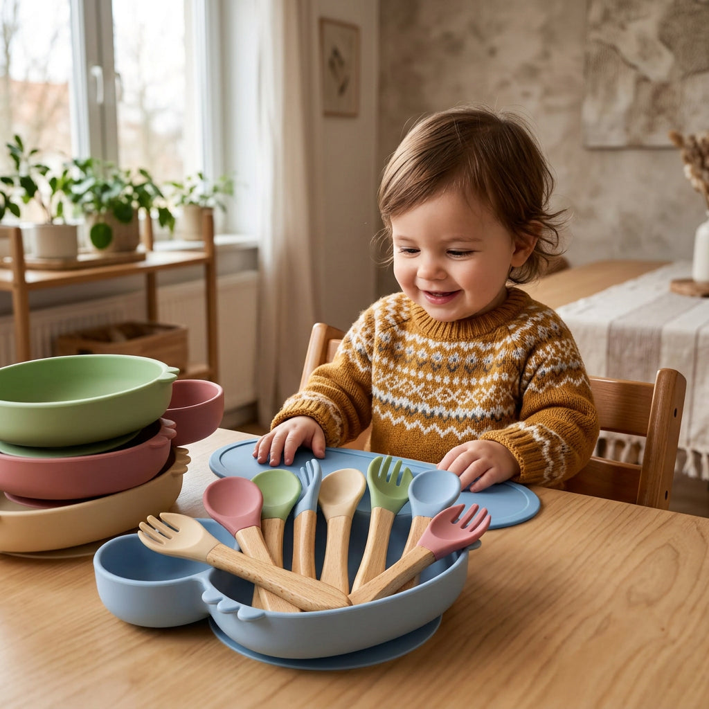 Set of colorful wooden utensils including spoons and forks in a blue holder on a yellow background.