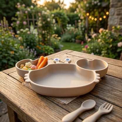 A beige ceramic children's plate with two small side bowls and a small spoon and fork, set on a wooden table in a garden patio setting.