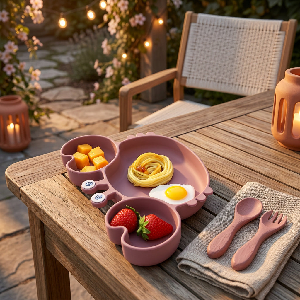 Pink children's meal tray with compartments containing food on a high chair.
