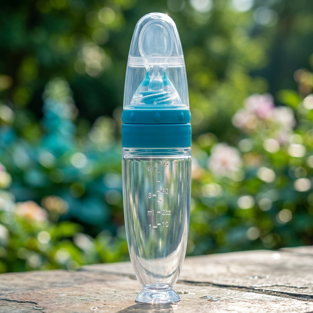 Clear baby bottle with blue accents on a white background