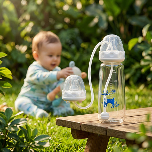 Clear baby bottle with blue deer design and white cap on a white background
