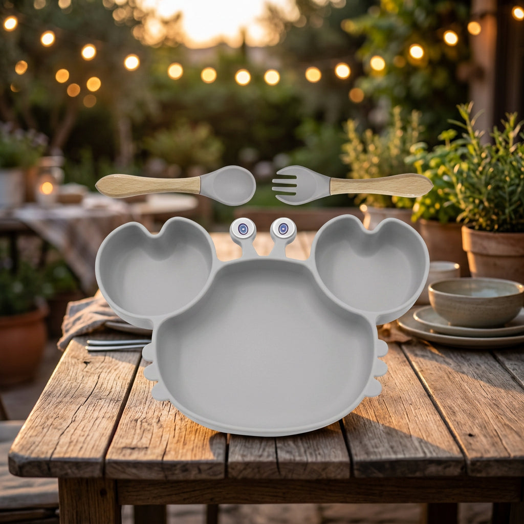 Children's plate with animal design, spoon, and fork on a white background